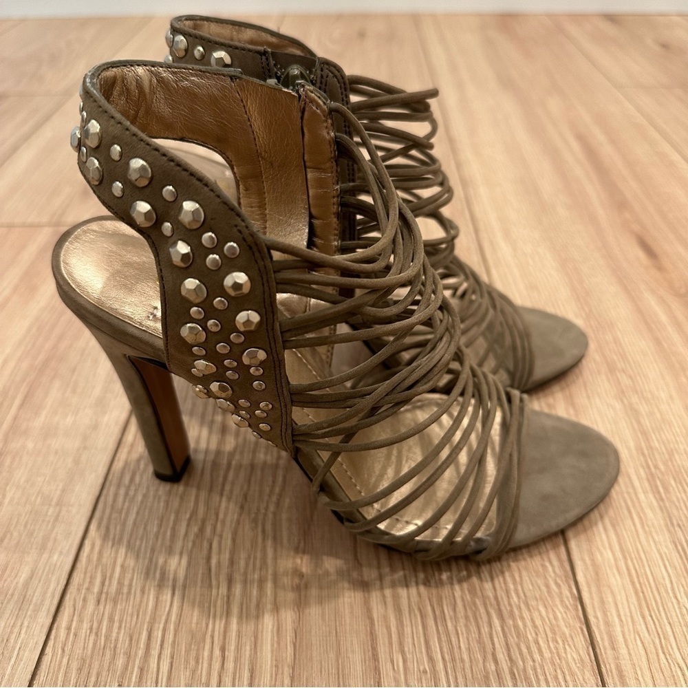 NWT BCBGeneration Pasha High Heel Sandals Dark Moss Kidskin Suede Studded - Picture 5 of 12